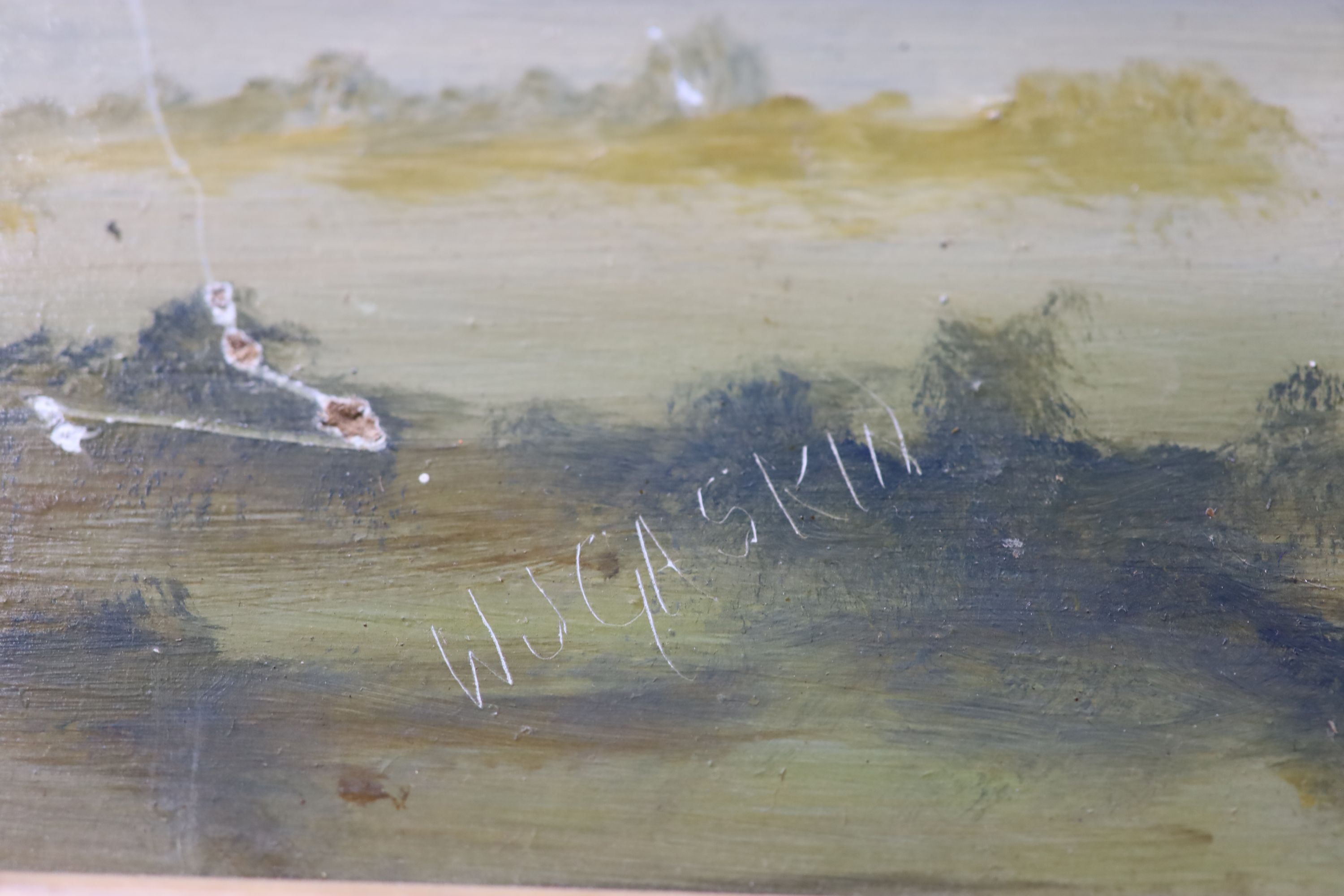 W.J. Gaskin, oil on board, WWI bi-plane in flight, signed, 36 x 44cm